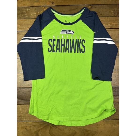 Seattle Seahawks Shirt Women L Large Gree Nike Retro Logo 3/4 Sleeve NFL T Shirt - Picture 1 of 6